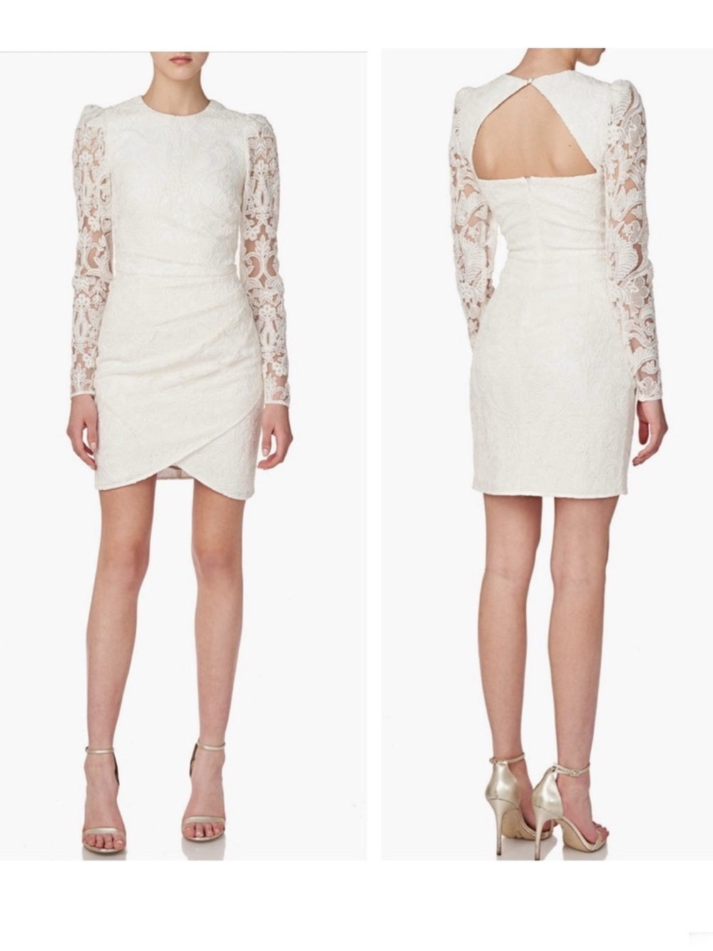 ML MONIQUE LHUILLIER Lace Cut Out Back Long Sleeve Dress NEW White Size 12